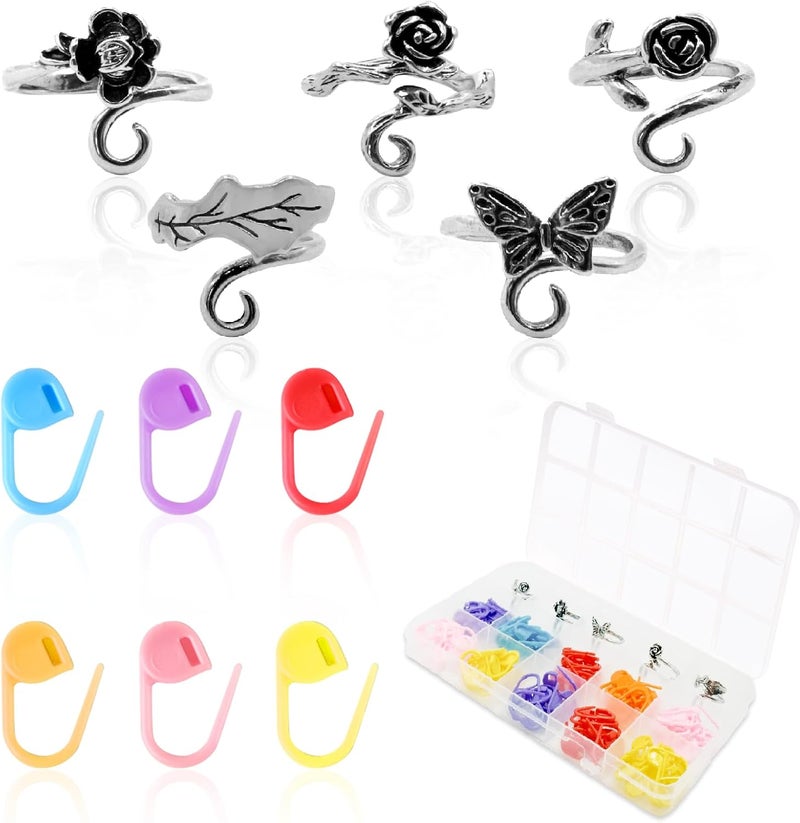 LBU 5Pcs Crochet Ring + 100Pcs Stitch Markers Adjustable Crochet Tension Rings for Finger Handmade Yarn Guide Crocheting Rings Knitting Accessories with Box Crochet Gifts for Women Mom Crocheters - Image 1